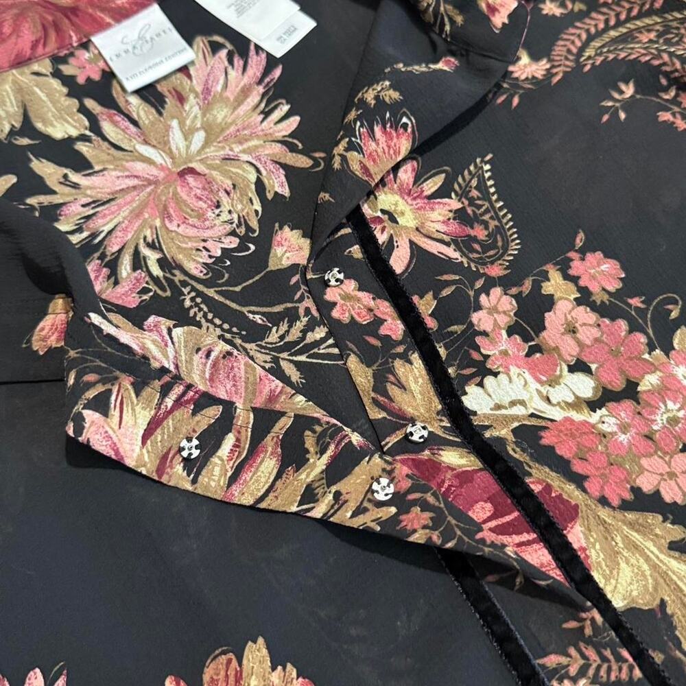 VTG Y2K Emma James Sheer Black Pink Floral Long Sleeve Button Up Dark Femme Top - Picture 7 of 8
